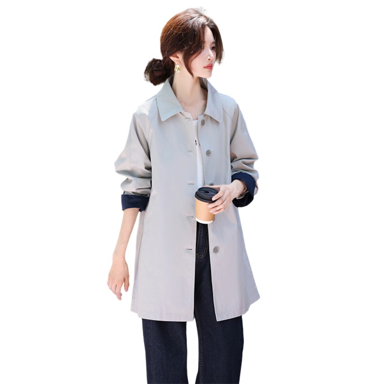 全棉中长款风衣女2025年秋季常规单排扣宽松风衣外套女,女装风衣,鑫源服饰