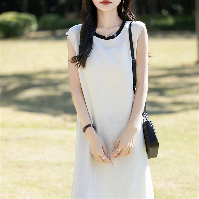夏季新款简约亚麻阔版宽松休闲圆领连衣裙修身显瘦优雅气质裙,女装连衣裙,佳绒高端店
