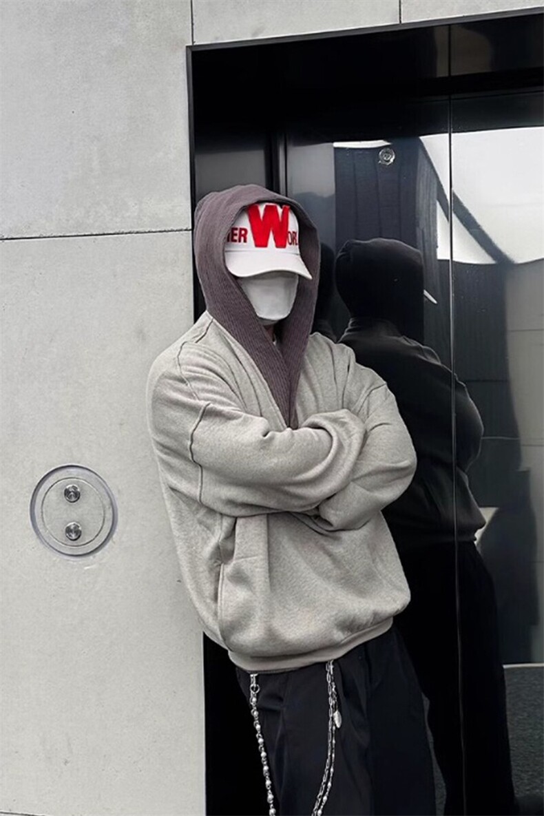[有货]灰色卫衣连帽毛线拼接设计感小众宽松休闲外套WY712特P43,女装短外套,星座908-1