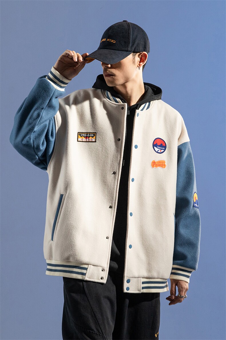 2024冬款棒球服大码boy拼接呢料贴布标加棉加厚棉服J67201-P105,男装夹克,电商A082