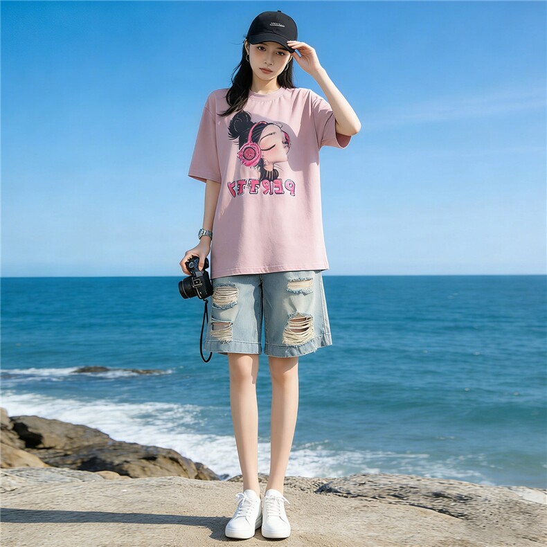 盐系穿搭休闲时尚套装女夏设计感圆领印花短袖破洞牛仔短裤两件套,女装套装/套裙,江南