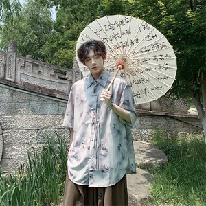 新中式竹叶渲染印花短袖衬衫男款夏季国风冰丝衬衣大码盘扣中山装图片