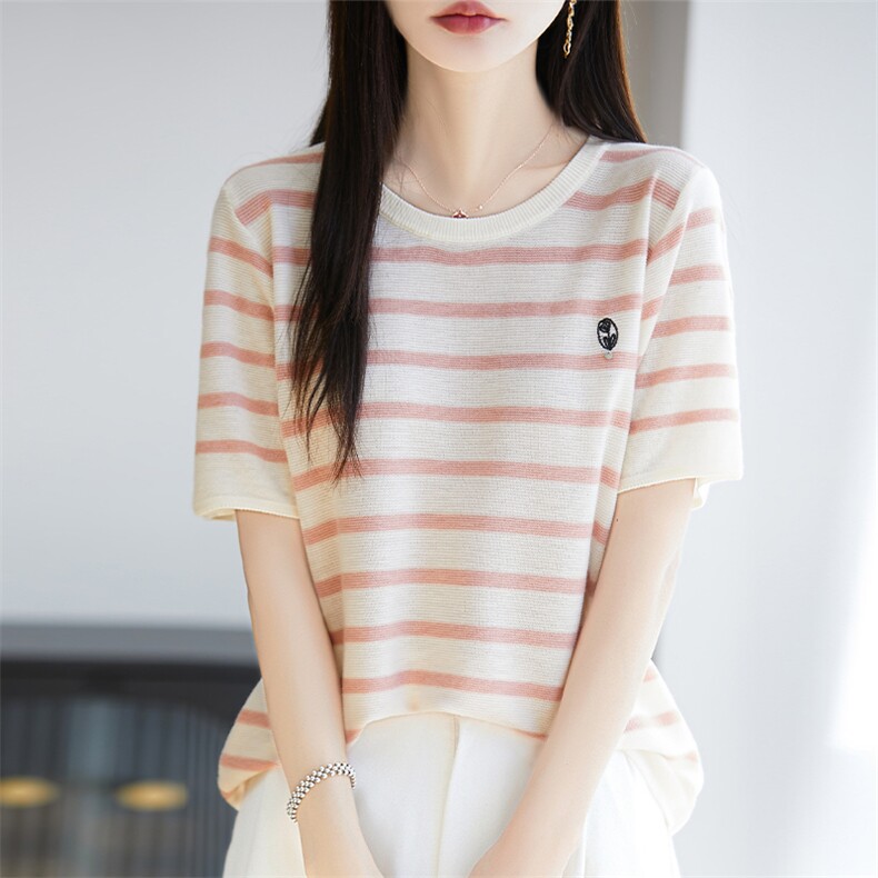 夏新款圆领条纹拼色刺绣小花精纺羊毛短袖T恤女休闲宽松针织上衣,针织衫/毛衣,唐诺
