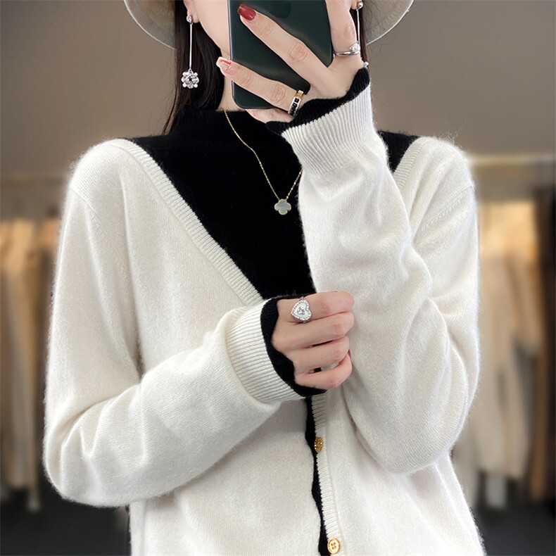 23秋冬新款100开衫女V领拼色花边宽松外套毛衣羊毛针织上衣，女装羊毛衫，朝辰羊绒