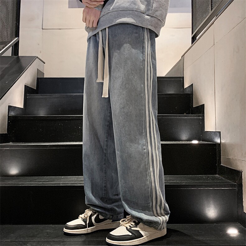 浅蓝色春季新款薄款牛仔裤男潮牌直筒松紧腰系带长裤,男装牛仔裤,电商A115