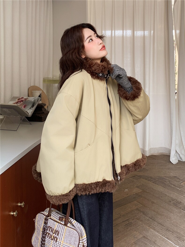 羽绒服女2025冬季新款女装卡其色皮毛一体拼接派克服加厚保暖外套,女装羽绒服,慧尚依恋