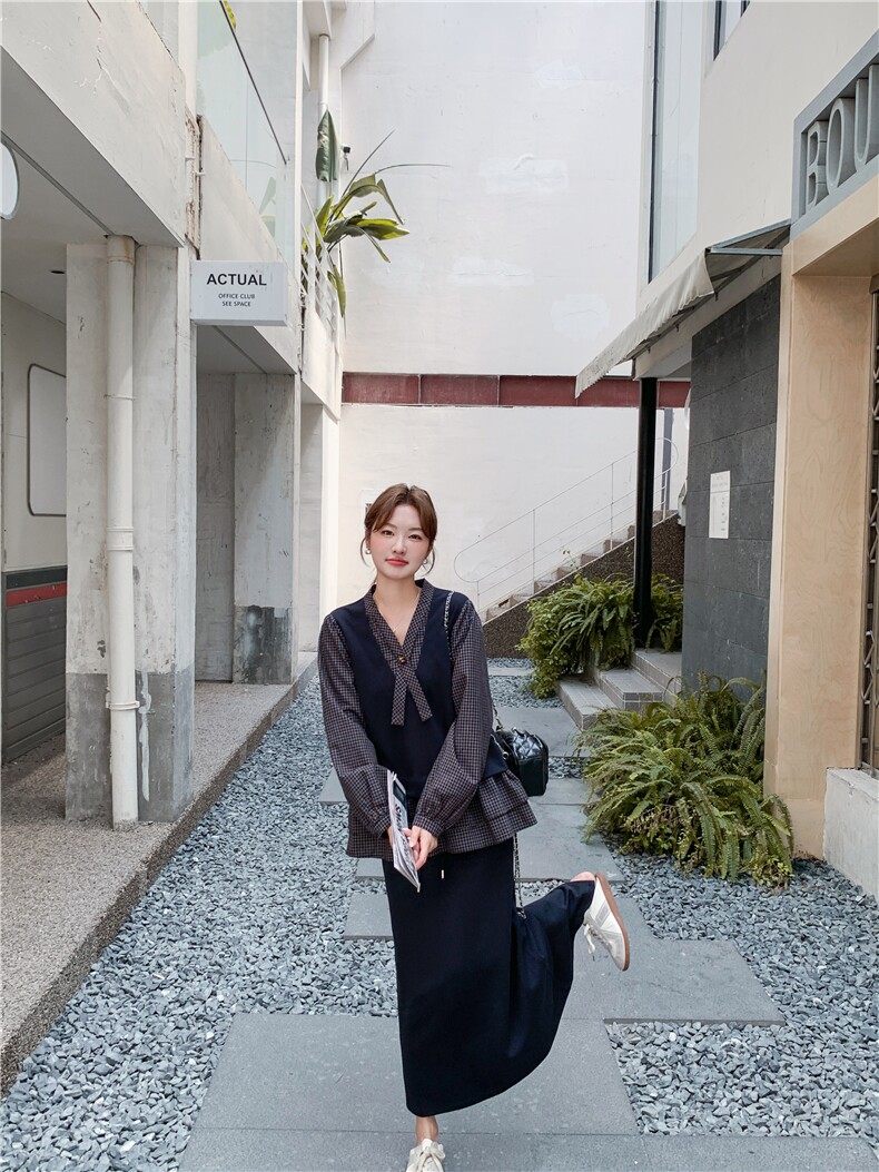 设计感假两件格子上衣套装女2025秋新款韩系休闲显瘦半身裙两件套图片