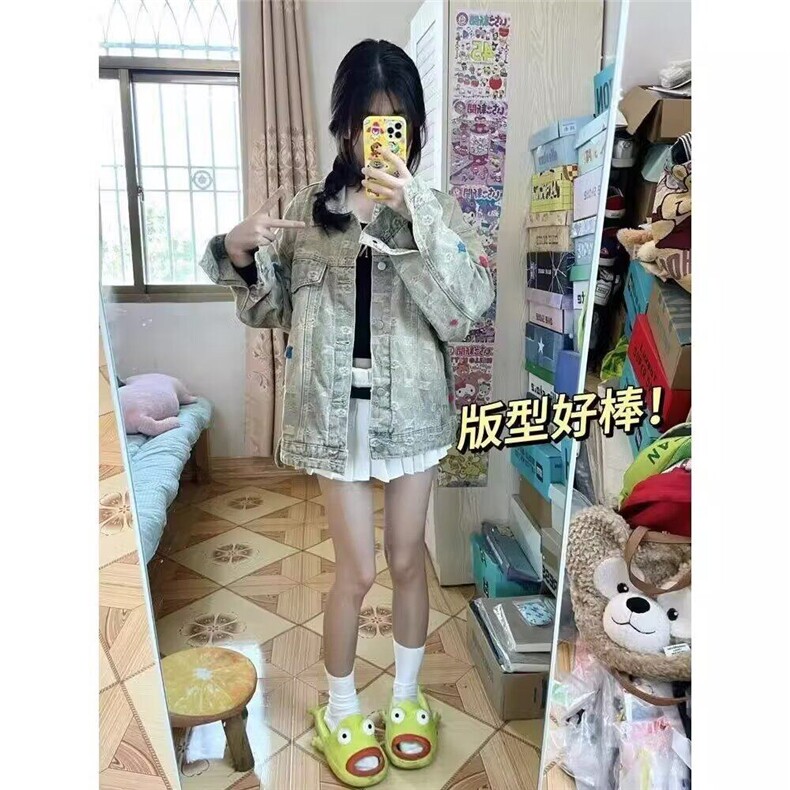 现货美式高街轻奢感法系背面提花翻领水洗做旧毛巾绣宽松牛仔外套,男装工装外套,星座302B-3