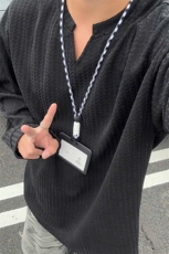 新款270g雪尼尔百搭波浪条纹V领宽松长袖T恤男T24547特P25控58，男装T恤，电商A001-1
