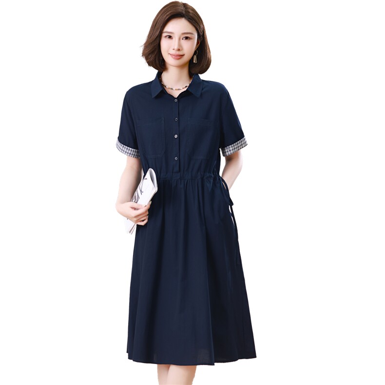 2026年夏季圆领纯色宽松腰时尚短袖简约百搭个性中长款,女装连衣裙,江忆布依