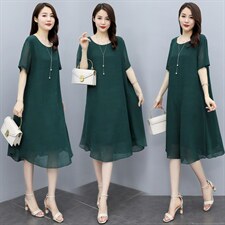 （现货）时尚显瘦大码女装夏季新款圆领宽松纯色短袖中长款连衣裙，女装大码女装，深妍伊美