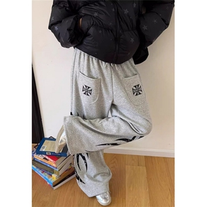 美式复古口袋设计印花休闲裤宽松男女阔腿裤 KC18图片
