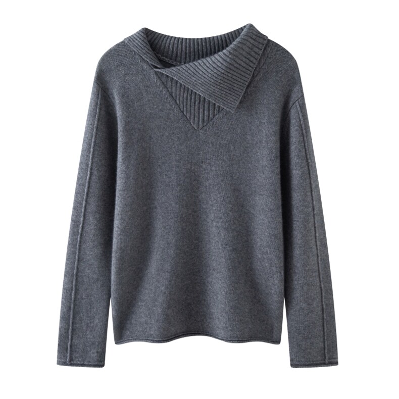 2025秋冬百搭时尚简约斜领卷边针织衫，女装针织衫/毛衣，木淼羊绒