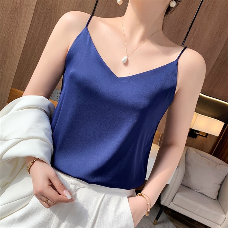 真丝吊带背心女内搭西装白色黑色打底缎面桑蚕丝上衣小夏季v领,女装背心吊带,朝贺羊绒