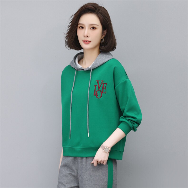时尚休闲宽松连帽刺绣卫衣套装女秋冬季新款韩版百搭显瘦长袖上衣裤子两件套,女装卫衣/绒衫,依恋蒂丝