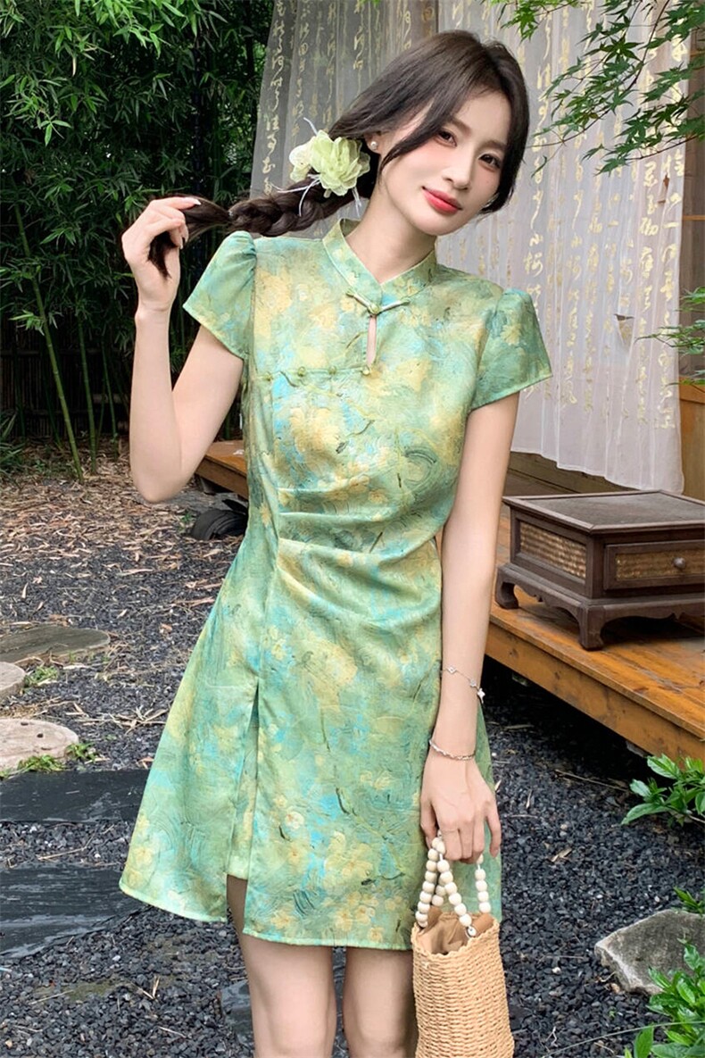 新中式g风改良旗袍套装女2026夏季新款洋气修身印花短裤两件套,女装套装/套裙,心心服饰
