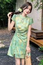 新中式g风改良旗袍套装女2026夏季新款洋气修身印花短裤两件套，女装套装/套裙，心心服饰