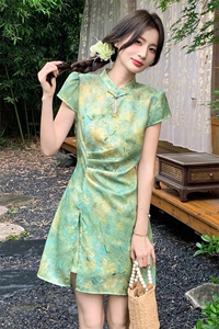 新中式g风改良旗袍套装女2026夏季新款洋气修身印花短裤两件套图片