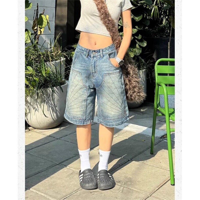 美式复古重工解构牛仔短裤男夏季宽松设计感复古水洗情侣五分裤,男装牛仔裤,星座601-1