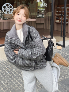 小香风千鸟格立领羽绒服女小个子2024冬季新款加厚爆款白鸭绒外套图片