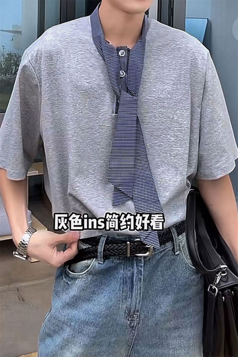 飘带丝巾领设计短袖T恤男夏季韩系chic穿搭半袖体恤T3683-特价P40,男装T恤,电商A007