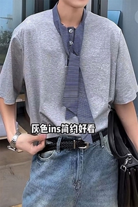 飘带丝巾领设计短袖T恤男夏季韩系chic穿搭半袖体恤T3683-特价P40图片