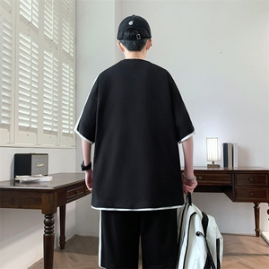 港风套装男休闲宽松冰丝青年圆领短袖T恤短裤两件套-JZ6208-P38图片