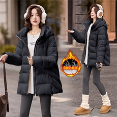 2025冬季新款时尚高级感纯色中长款显瘦保暖连帽白鸭绒羽绒服外套，女装羽绒服，流量+