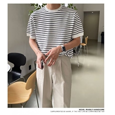 网络图现货！条纹T恤新款圆领上衣潮流休闲半袖R2215-P45，男装T恤，星座1005-6