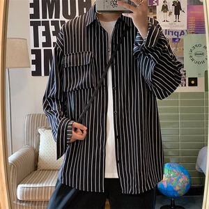 C3082/P40春装条纹长袖衬衣男立体口袋工装大码衬衫男控58图片