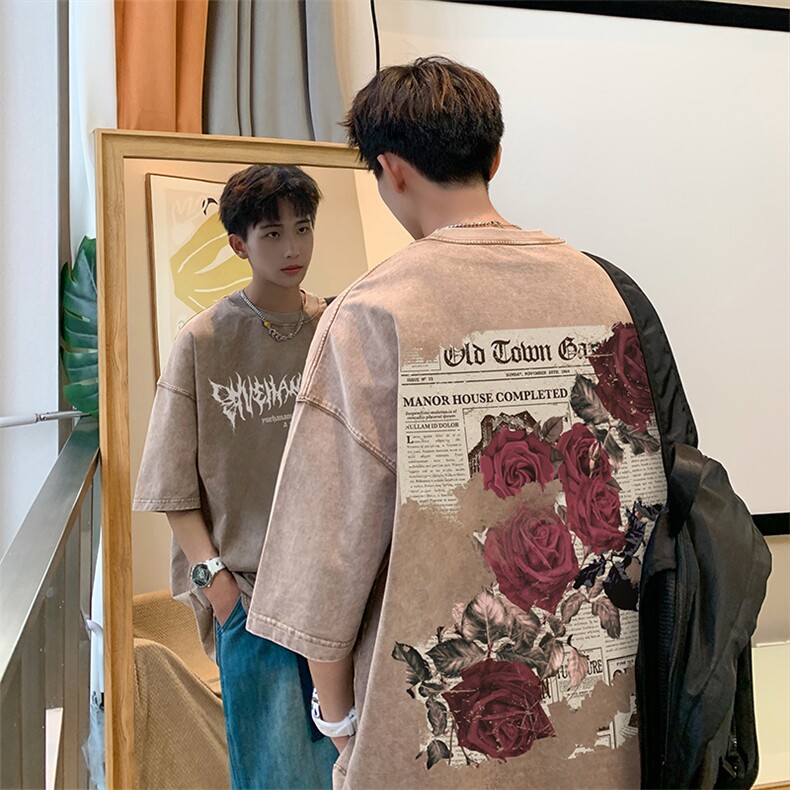 抖音供货、10万现货印花款230克水洗棉短袖T恤D223A-ST2359-P35,男装T恤,电商019-1