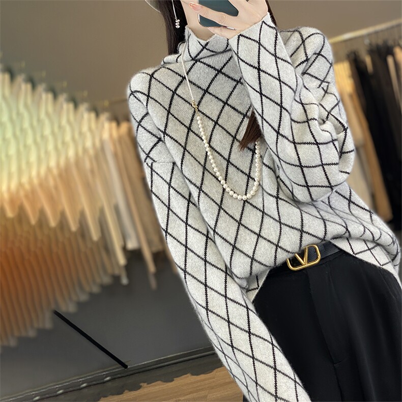 2024年秋冬季新款通勤时尚百搭套头高领菱形格子加厚羊毛衫,女装羊毛衫,丽特绒