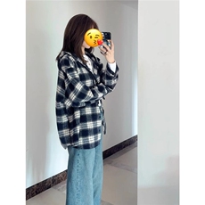 C144-P36韩系连帽黑白格子衬衫外套女春秋设计感复古，男装衬衫，电商B323A