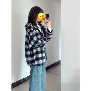 C144-P36 韩系连帽黑白格子衬衫外套女春秋设计感复古图片