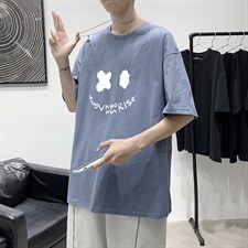 T1795P25港风室内宽松T恤棉2021男线条笑脸英文印花短袖T恤，男装T恤，星座510A-1