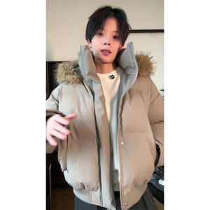 现货三防重磅硬挺boxy短款羽绒棉衣座山雕大毛毛领PU皮棉服外套冬图片