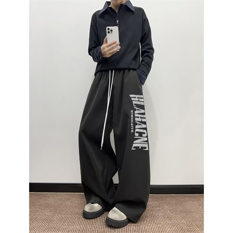 美式双腰头运动卫裤男女秋潮牌字母休闲裤子阔腿长裤K6702-P46,男装休闲裤,星座412-3