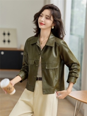 高级感军绿色翻领短款皮衣女2025秋季新款修身百搭时尚皮夹克外套，女装皮衣，魅衣本色