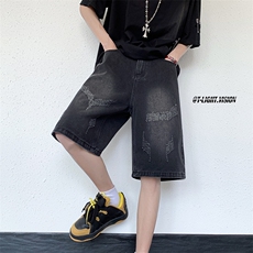 B221美式ins高街暗黑设计感直筒五分牛仔裤LK23072-P50控68，男装牛仔裤，电商B221