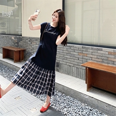 时尚减龄裙摆格纹拼接长裙女2025年夏季浪漫设计感洋气日系连衣裙，女装连衣裙，2C279