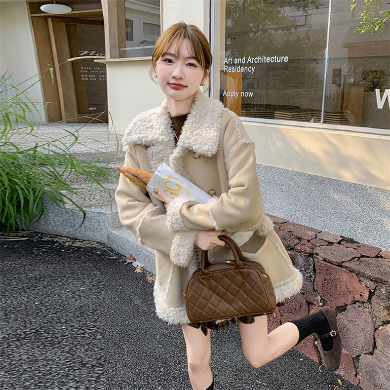 超好看蓝色皮毛一体羊羔毛外套女2024冬季新款机车服爆款加绒棉衣,女装短外套,2C129