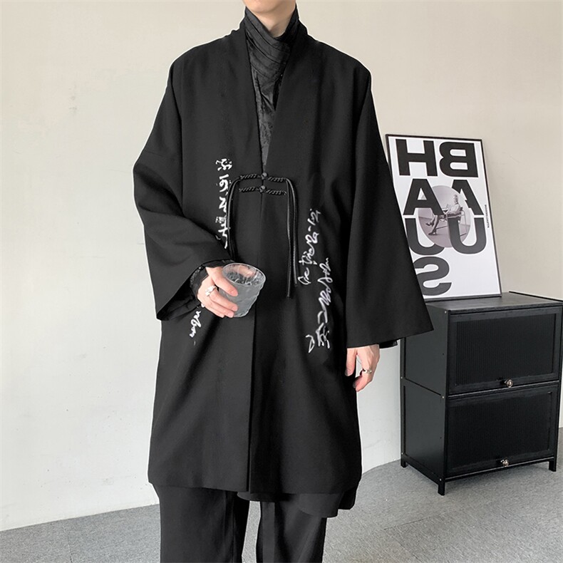 新风潮书法刺绣风衣新中式汉元素长款改良汉服开衫褙子外套,男装风衣,星座909