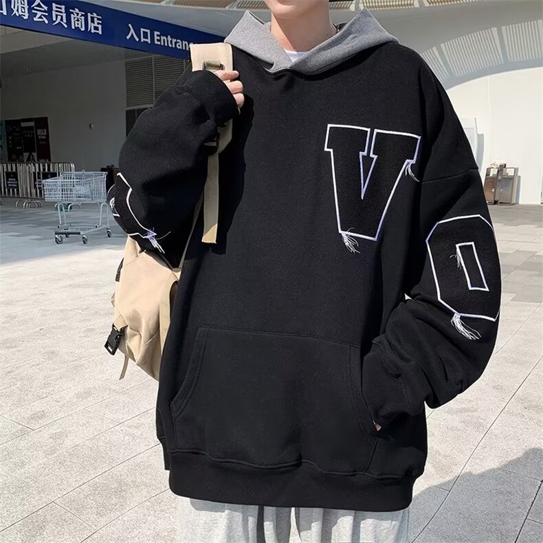 美式街头撞色加绒加厚卫衣男ins潮连帽高街XQ07P40图片