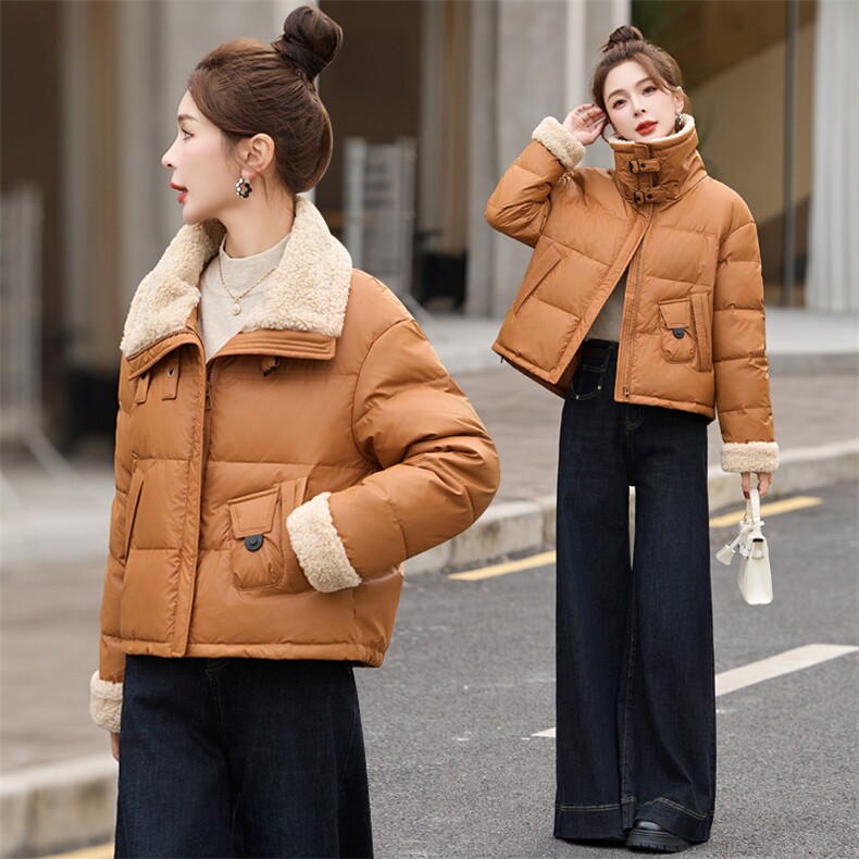 羊羔毛领拼接PU皮羽绒服女2025冬季新款小个子时尚洋气白鸭绒外套,女装羽绒服,沐七七