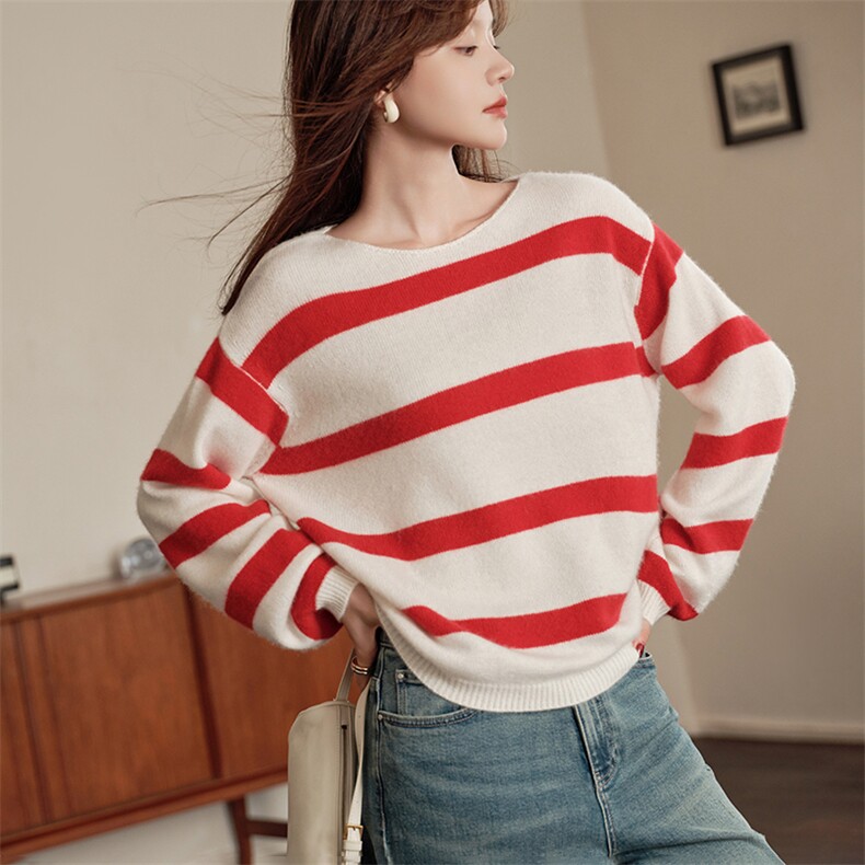 2025春秋新款羊绒衫女100纯山羊绒圆领宽松加厚上衣拼色针织套衫，女装羊绒衫，绒知纯羊绒