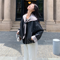 可拆卸格子连帽皮衣外套女2025秋季新款甜酷风宽松小个子短款夹克，女装皮衣，2C236