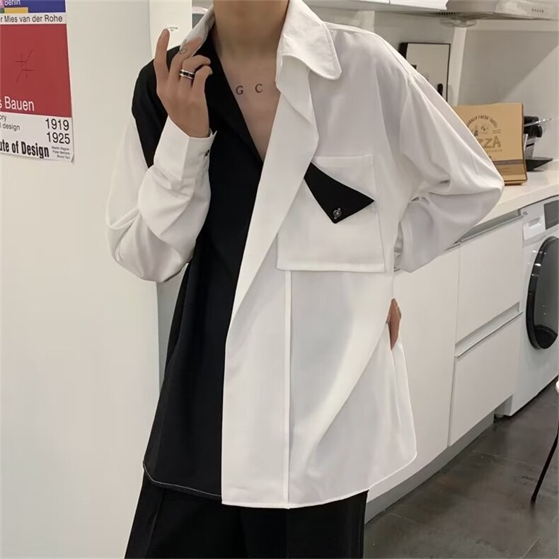 拼接衬衫男长袖高级感痞帅春季休闲痞帅垂感衬衣WC609P40图片