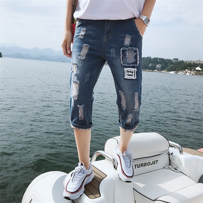 夏季七分裤男薄款修身韩版潮流宽松破洞乞丐7分牛仔短裤2051,男装牛仔裤,电商A318