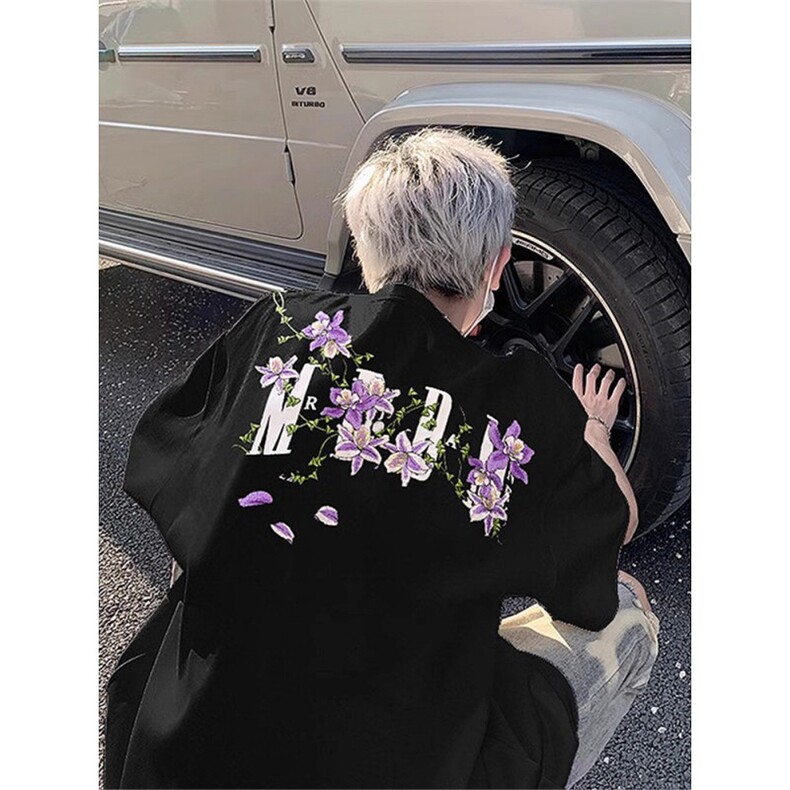 藤蔓花卉刺绣t恤男款夏季潮牌潮流短袖美式高街复古重磅情侣半袖，男装T恤，星座1005