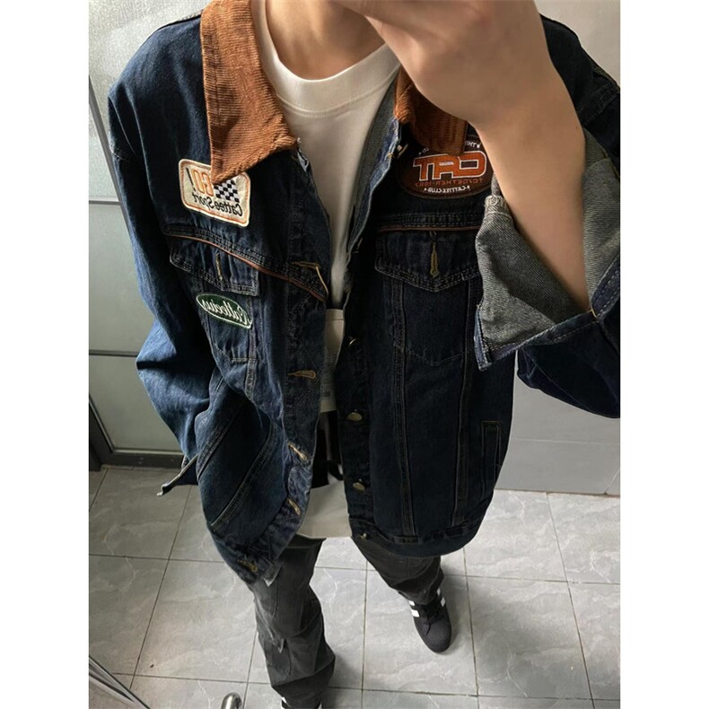 春季新款美式复古牛仔外套男女机车潮牌翻领夹克宽松上衣N1235,男装夹克,星座1116A（原606A-3）